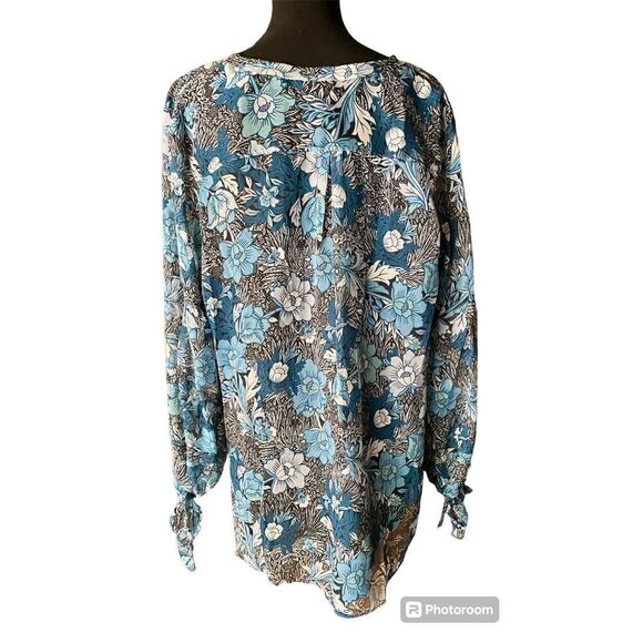 NWT Jones New York SZ 1X Blue Floral Multi Combo Tie Sleeve Blouse - Picture 3 of 11